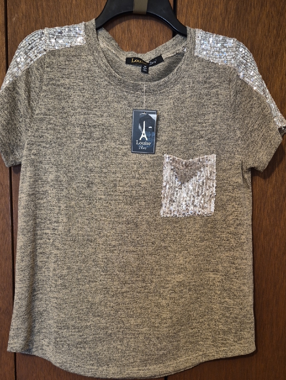 NWT Louise Patis Womens Tan Merle Short Sleeve Sweater With Sequin Accent SZ M